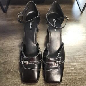 Y2K Classique Womens Black Leather Ankle Strap Block Heel Dress Shoes Size 8.5